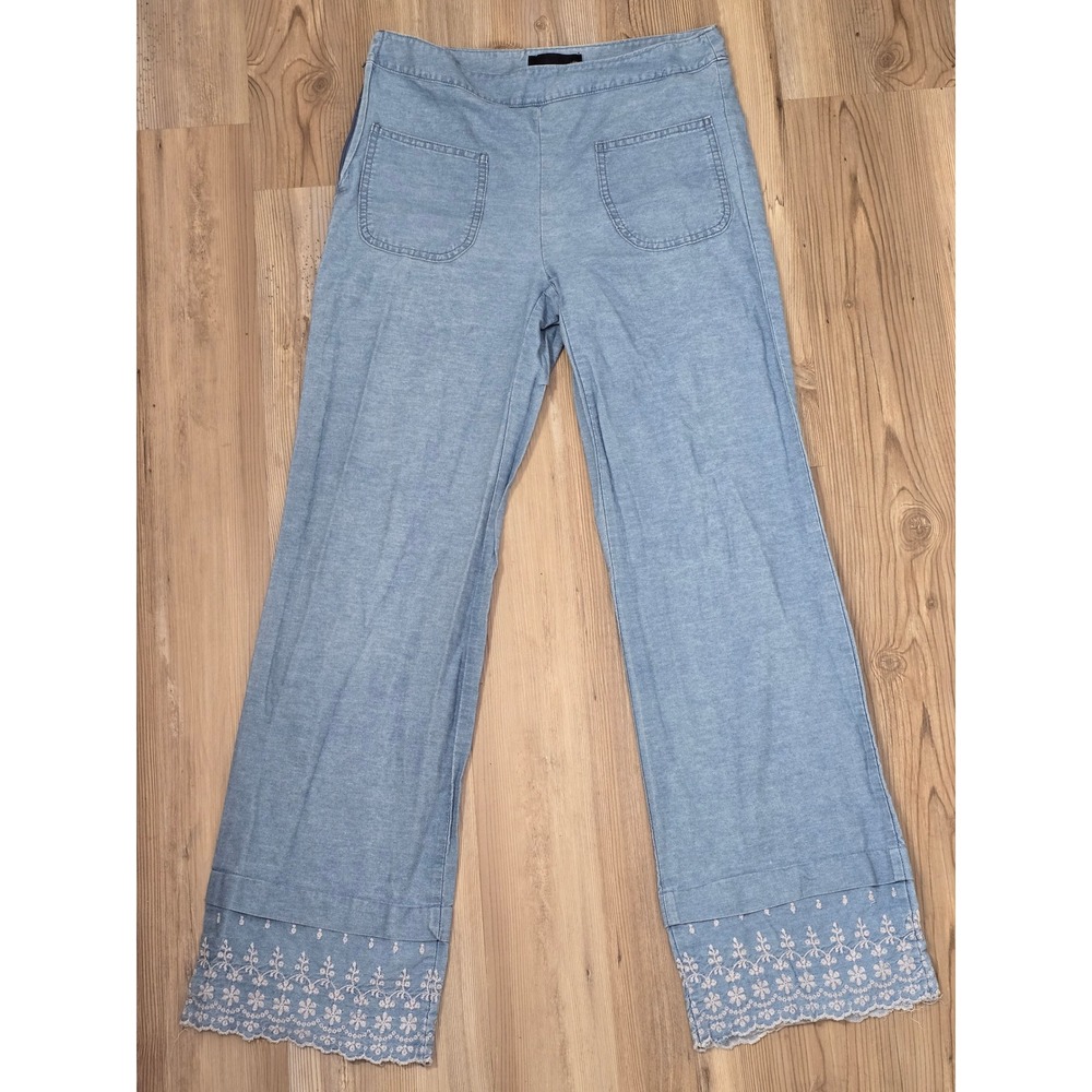 Julien Light Blue Embroidered Scallop Hem Wide Leg Chambray Pants Womens